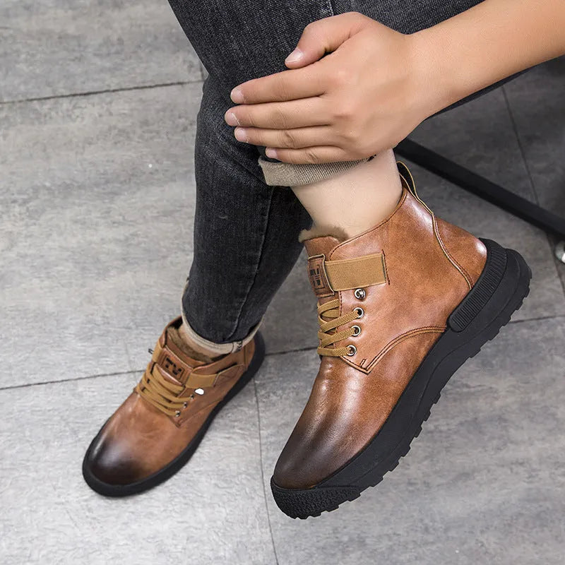 Men's black high-top platform Martin boots with a velvet finish and rubber sole.