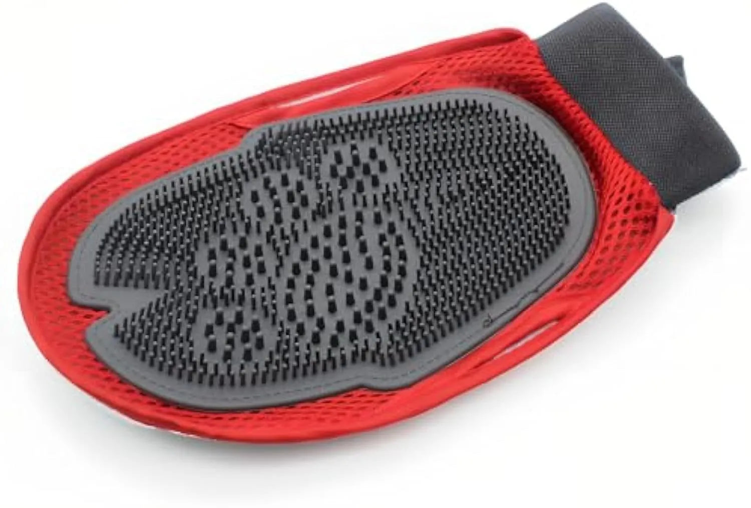 Red pet bathing glove with integrated brush surface for grooming and hair removal during pet washing