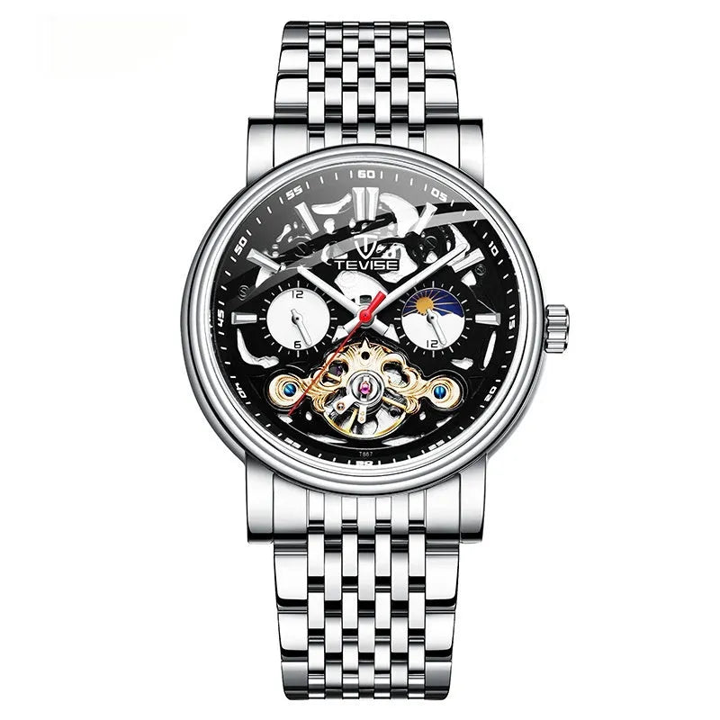 Men's black dial mechanical tourbillon watch with luminous hands on a stainless steel bracelet.