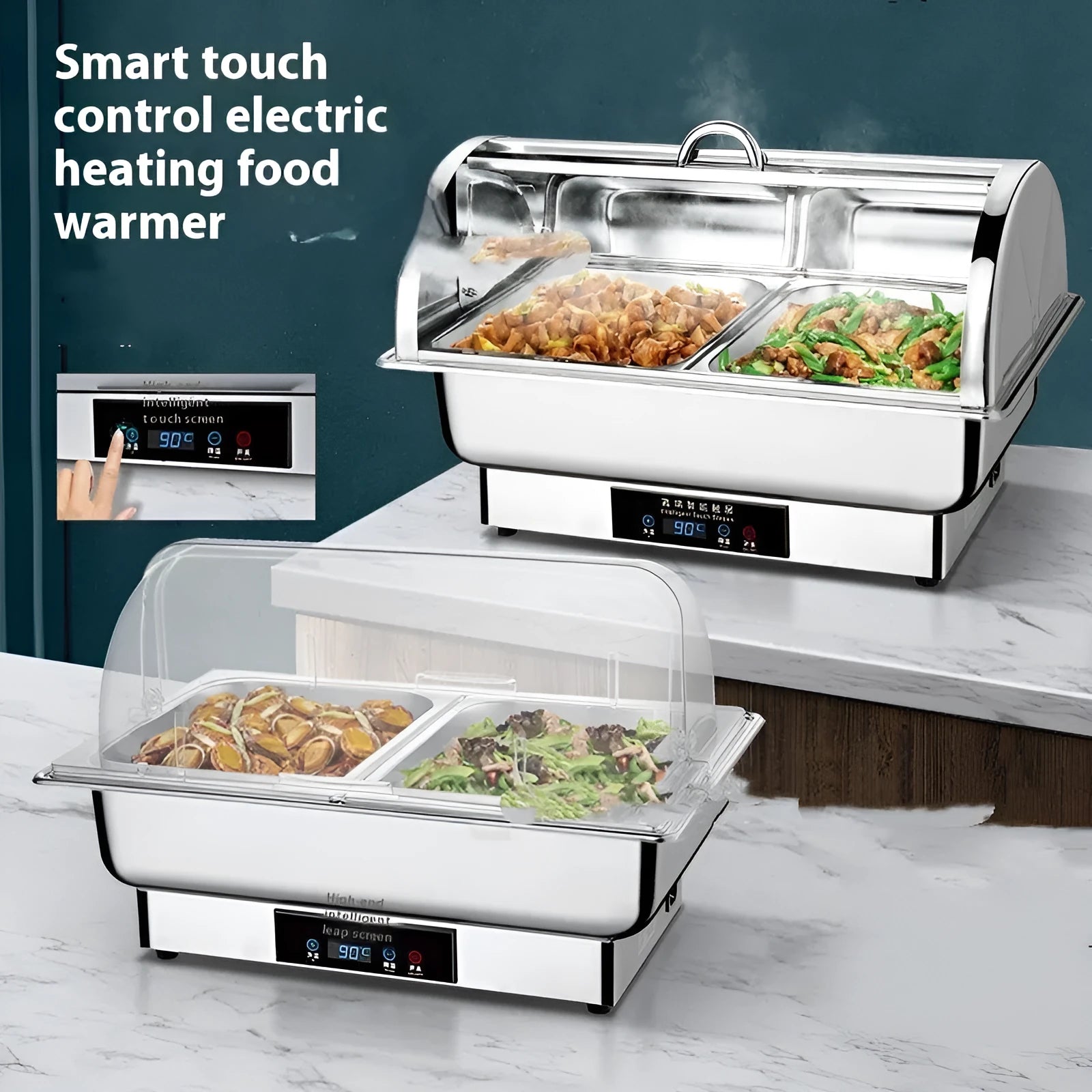 Stainless steel transparent flip buffet stove with LCD temperature control showing multiple grid configurations