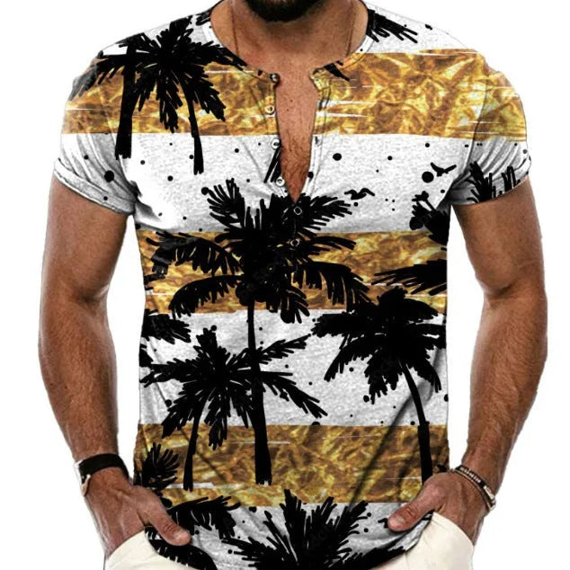 Men's simple lapel button short sleeve sport shirt in polyester fabric on a model.