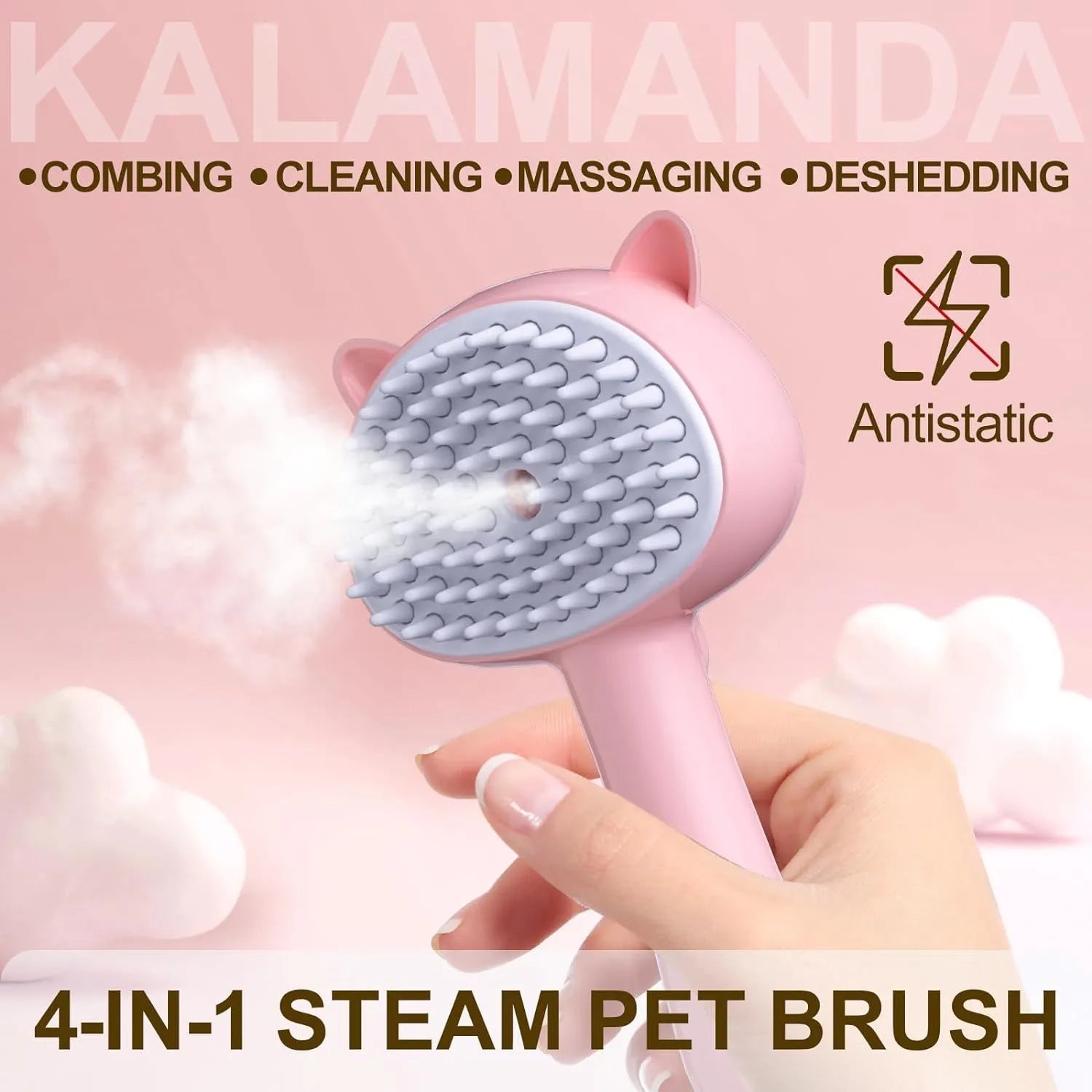 Cat steam brush with ergonomic handle and release button for pet grooming