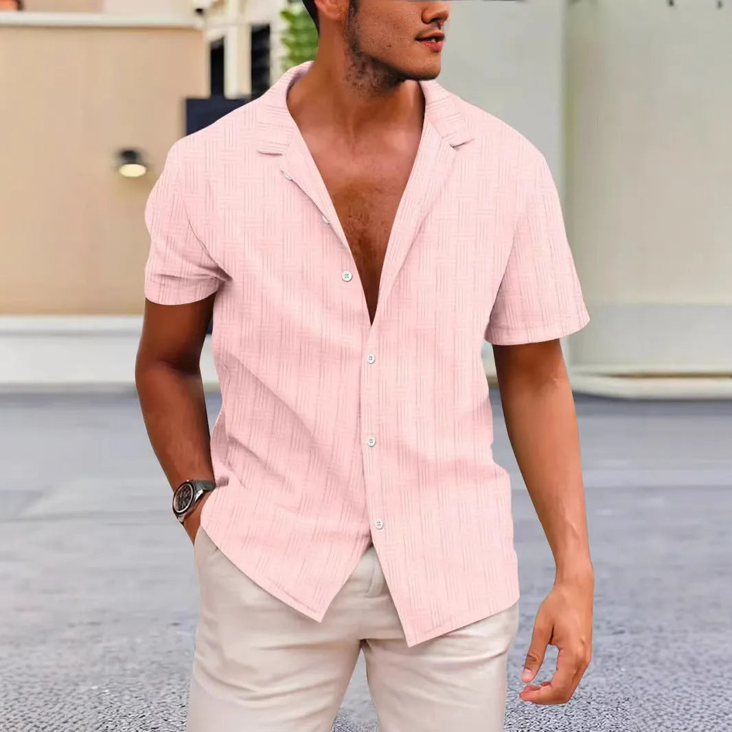 Corduroy short sleeve summer shirt in solid colour with British style cardigan design