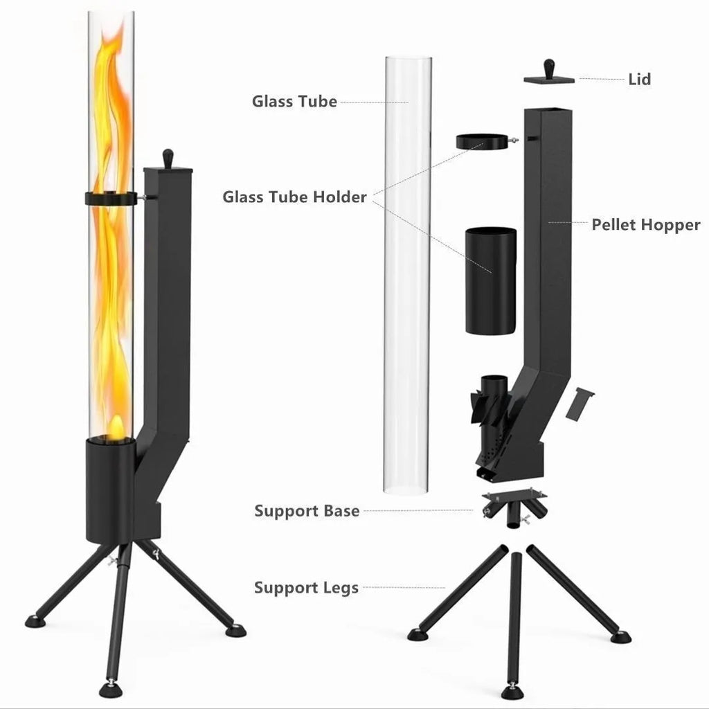 Vertical cast iron wood burning rocket furnace for courtyard heating with decorative design