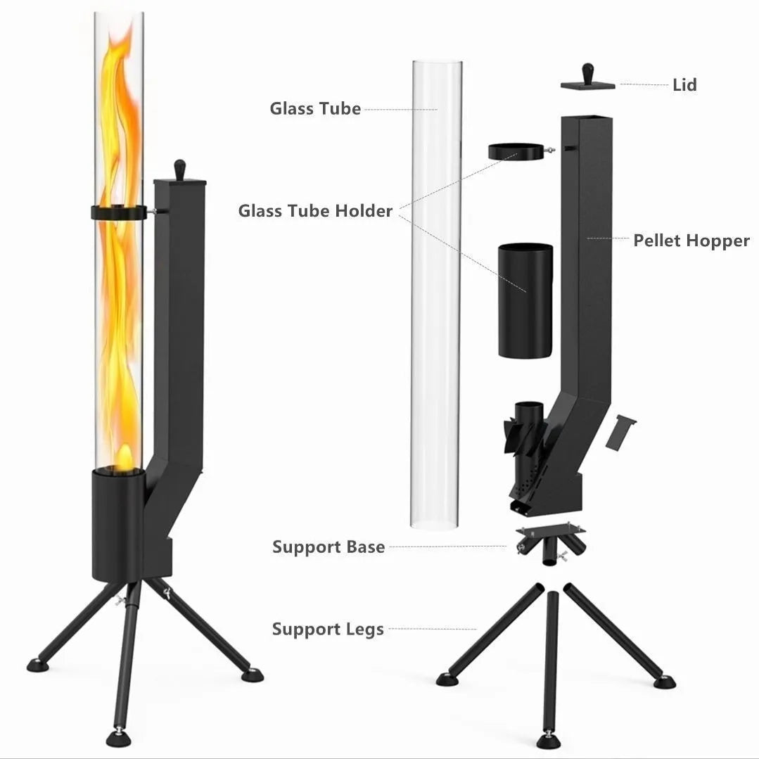 Vertical cast iron wood burning rocket furnace for courtyard heating with decorative design