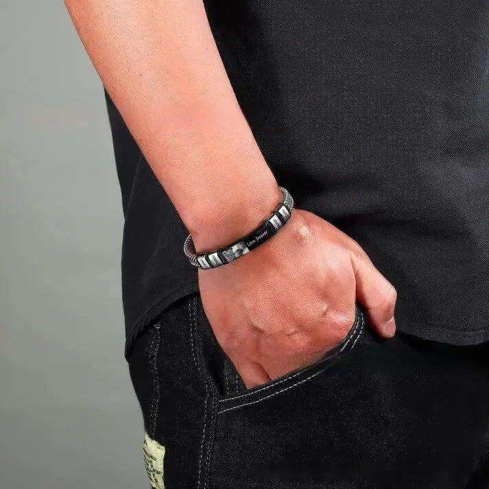 Men's titanium steel and leather rope lettering bracelet with heart-shaped exotic design.