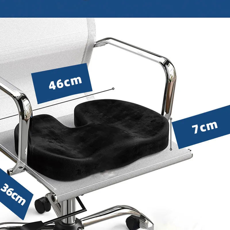 Black flannel U-shaped memory foam office seat cushion measuring 46 by 36 centimetres.