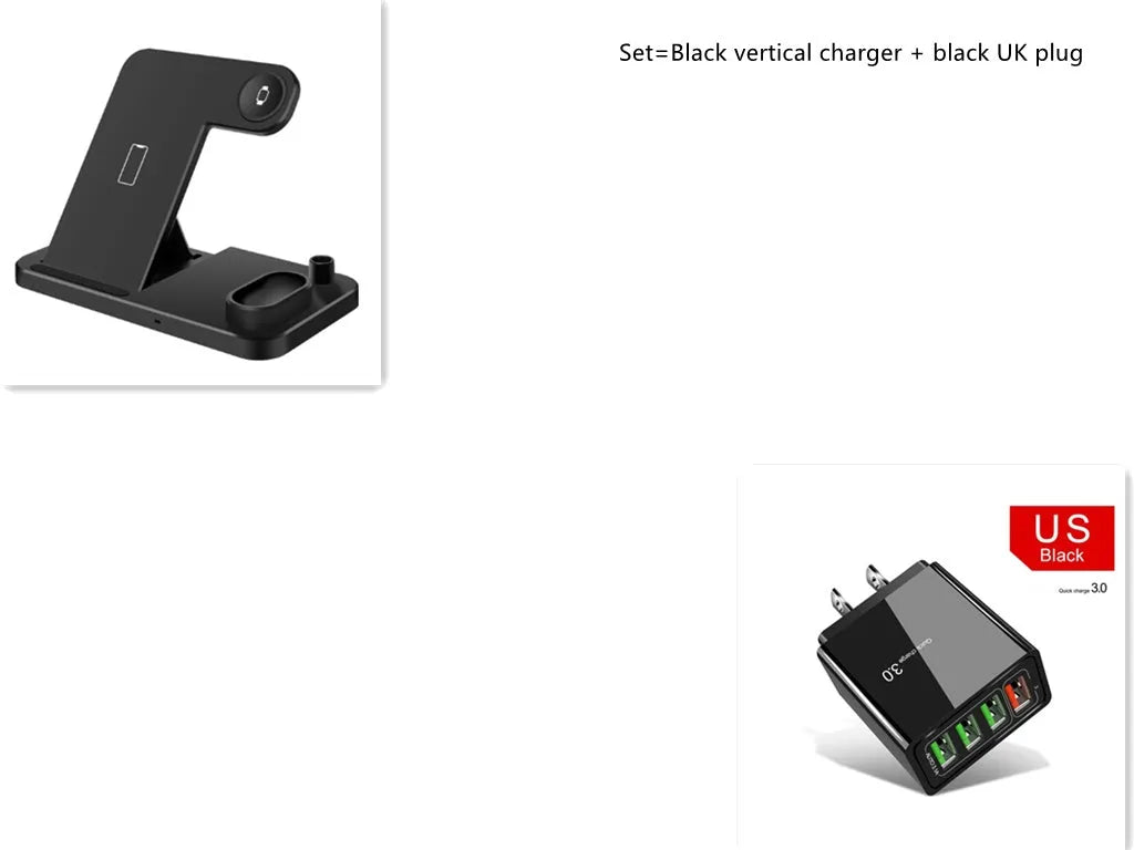 Black and white 4-in-1 wireless charging station showing phone on adjustable stand, Apple Watch, AirPods, and Apple Pencil charging simultaneously.
