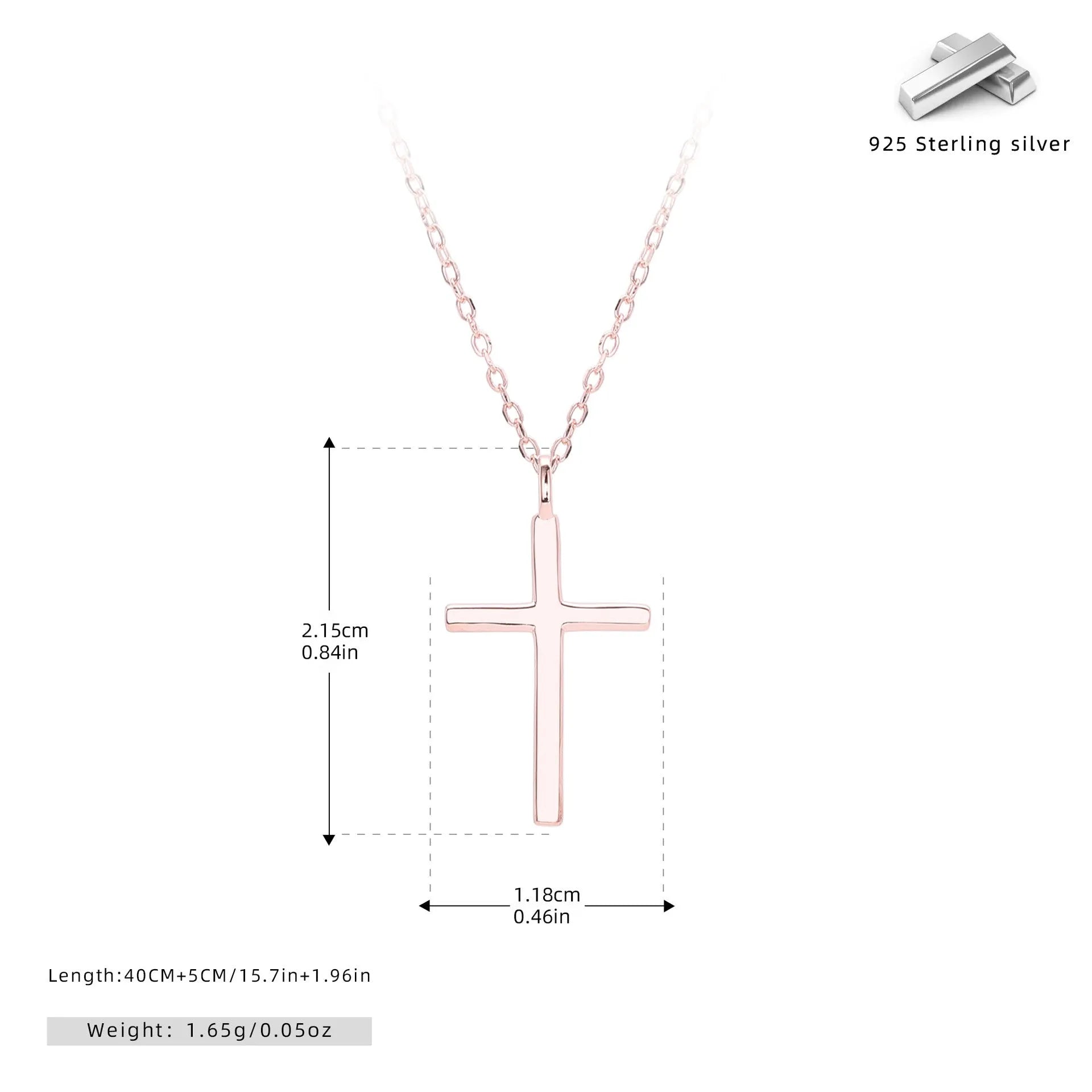 Simple sterling silver cross pendant necklace with glossy finish on adjustable O-link chain