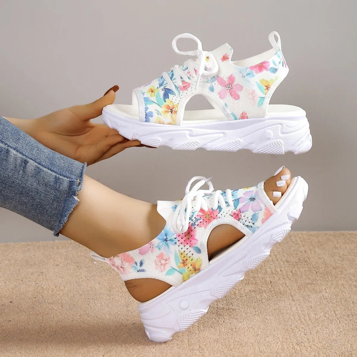 Print lace-up sports sandals with mesh upper, peep toe, hollow back, and rubber sole in summer casual style