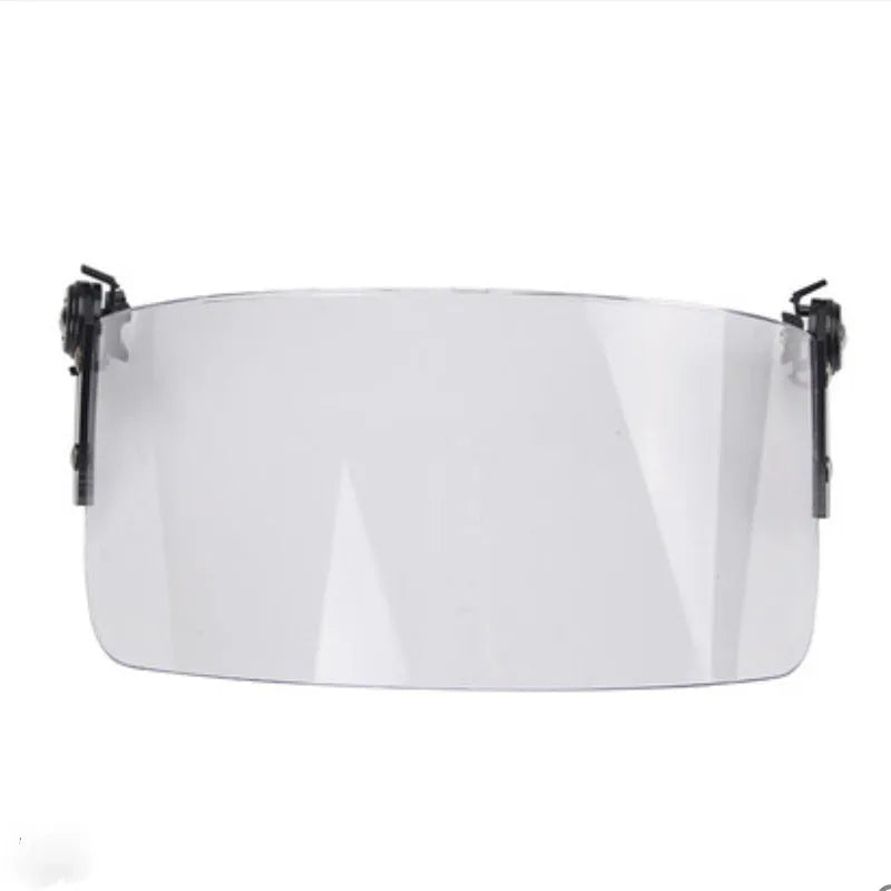 Transparent polycarbonate safety mask for helmet attachment, 30cm wide by 15cm high.