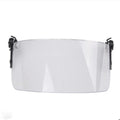 Transparent polycarbonate safety mask for helmet attachment, 30cm wide by 15cm high.