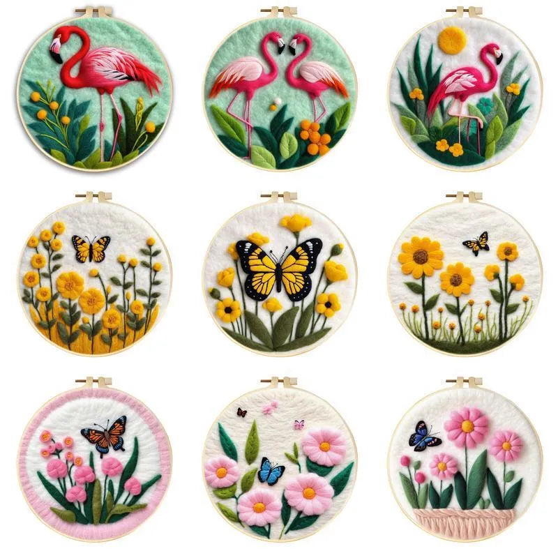 Round 20x20 cm linen embroidery kit with wool felt pieces for floral design and included embroidery frame.