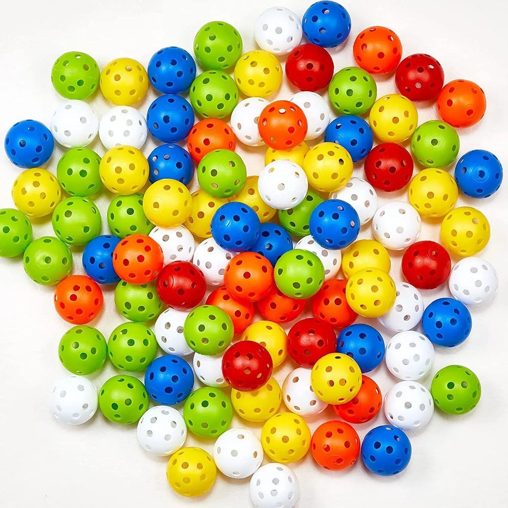 Multi-colour 42mm golf practice balls in red, blue, green, orange, white, and yellow in a net bag