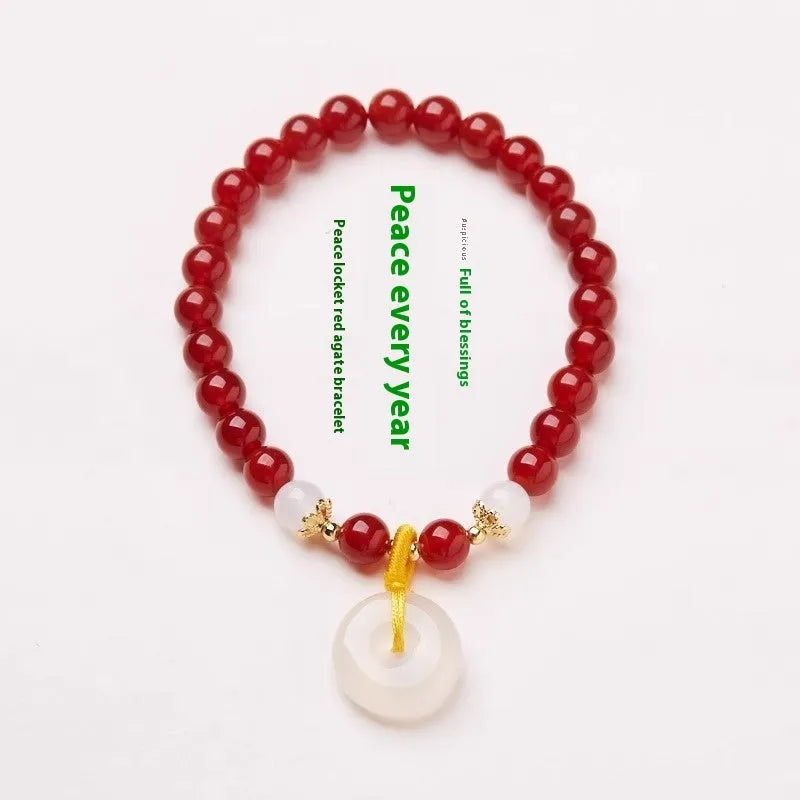 Handmade Chinese bracelet with jade safety buckle and red agate peace clasp beads