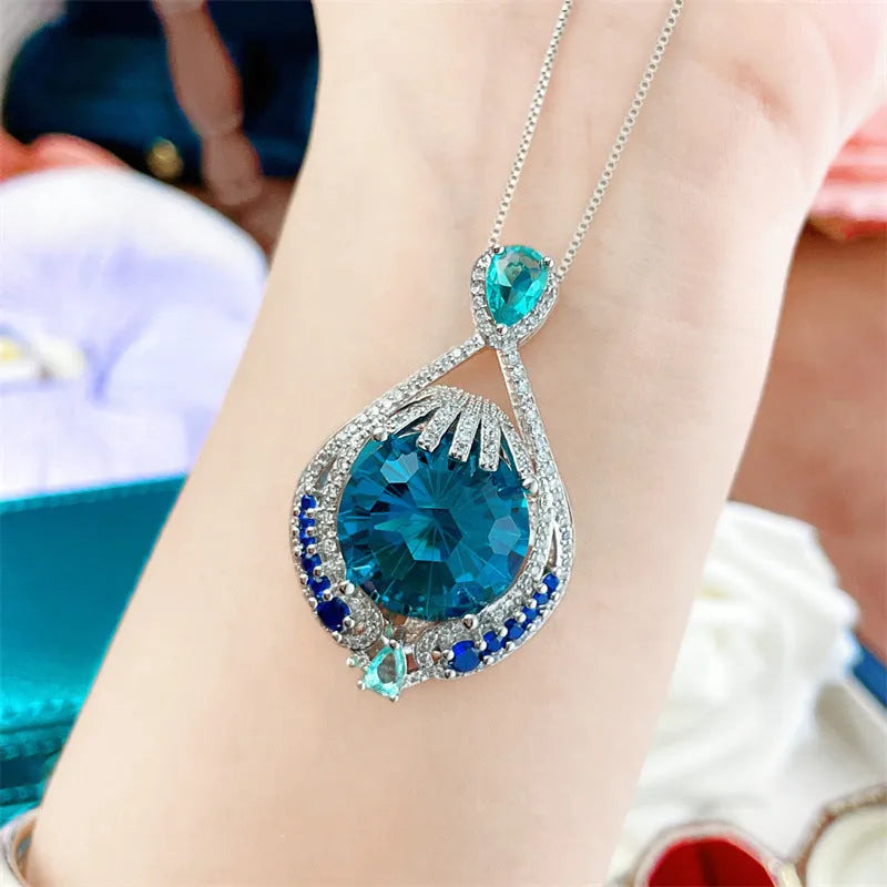 Blue crystal fireworks cut pendant necklace on geometric alloy water wave chain