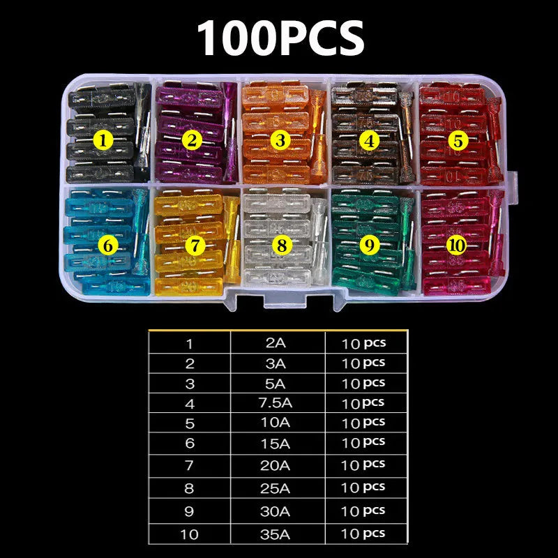 Boxed car medium plug-in fuse set with 50 or 100 medium-speed fuses for automotive electronics