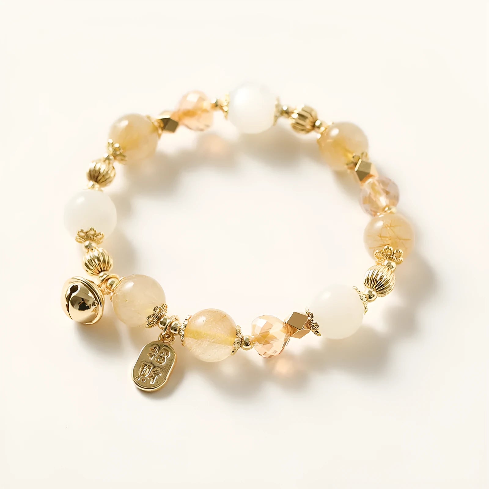 Korean style gold rutilated quartz crystal bracelet with electroplated lucky fortune colour tones