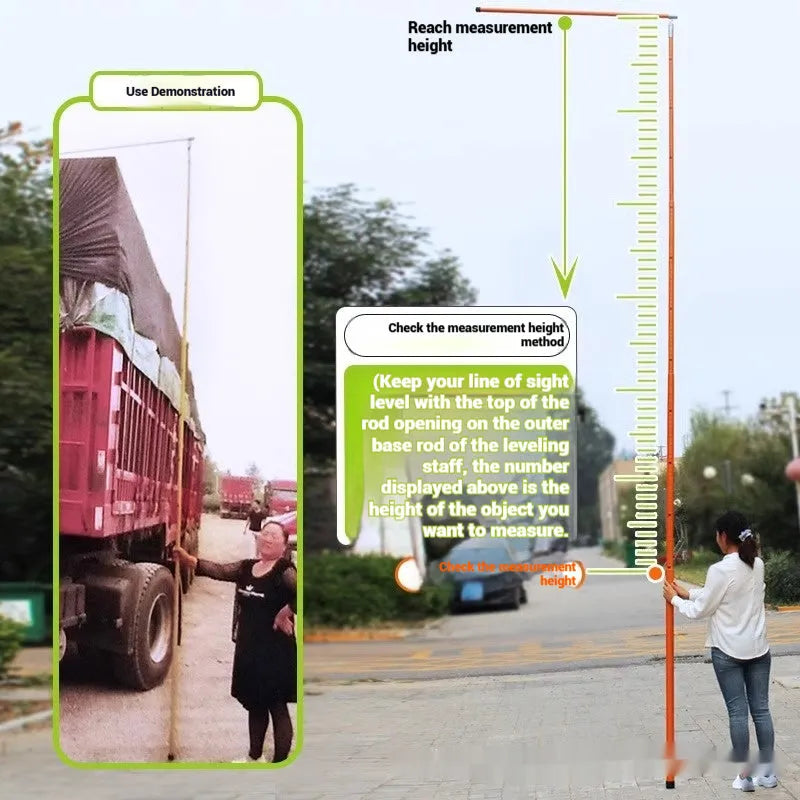 Telescopic truck height measuring rod with clear scale markings showing two diameter options