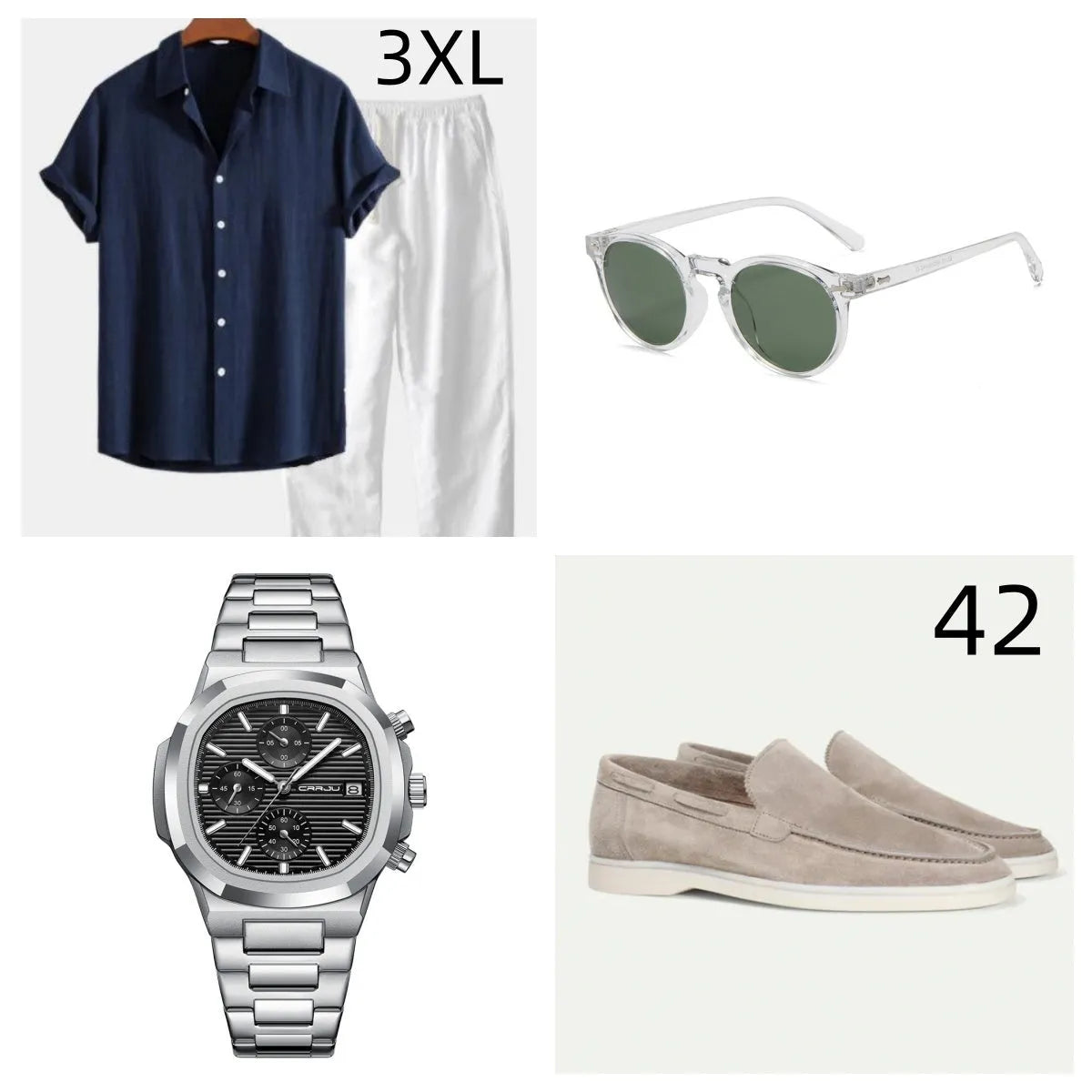 Men's navy blue cotton linen short sleeve suit with matching shorts and accessories displayed