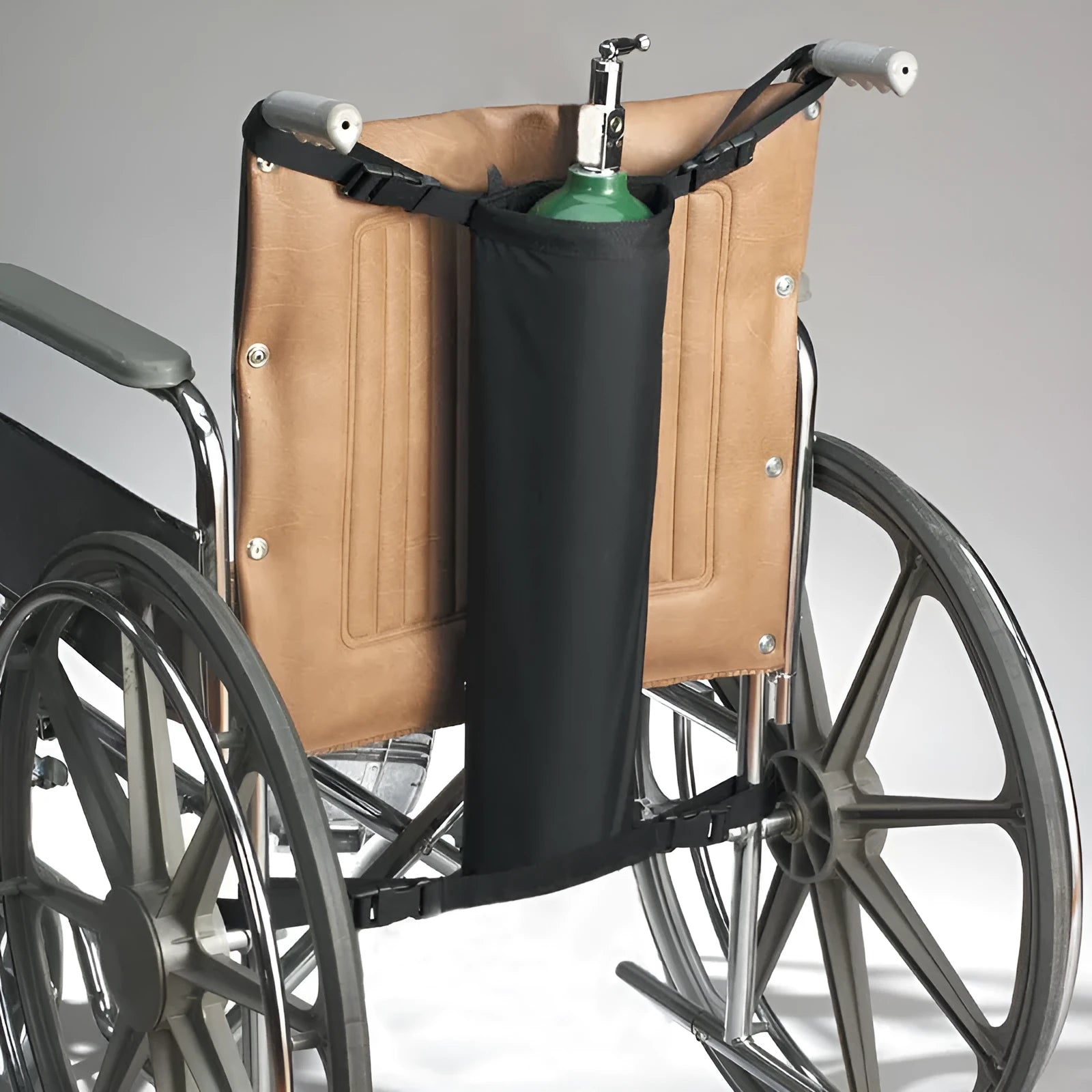 Black cylindrical wheelchair pannier bag for oxygen cylinders with 600D Oxford cloth construction