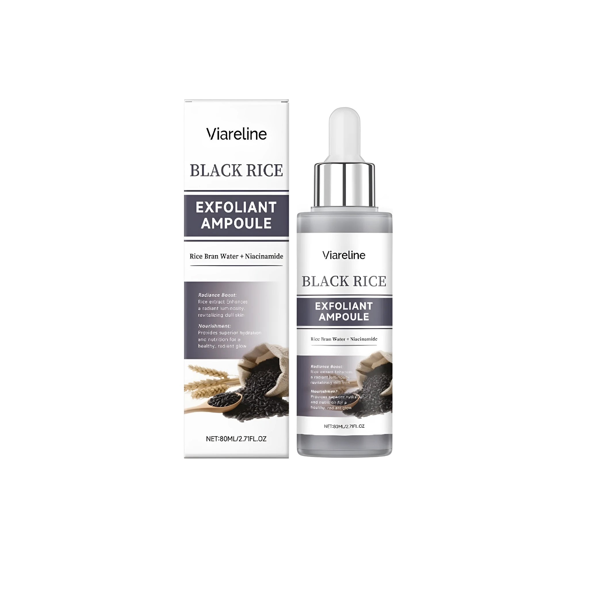 80ml bottle of black rice exfoliating liquid facial essence with pump dispenser.