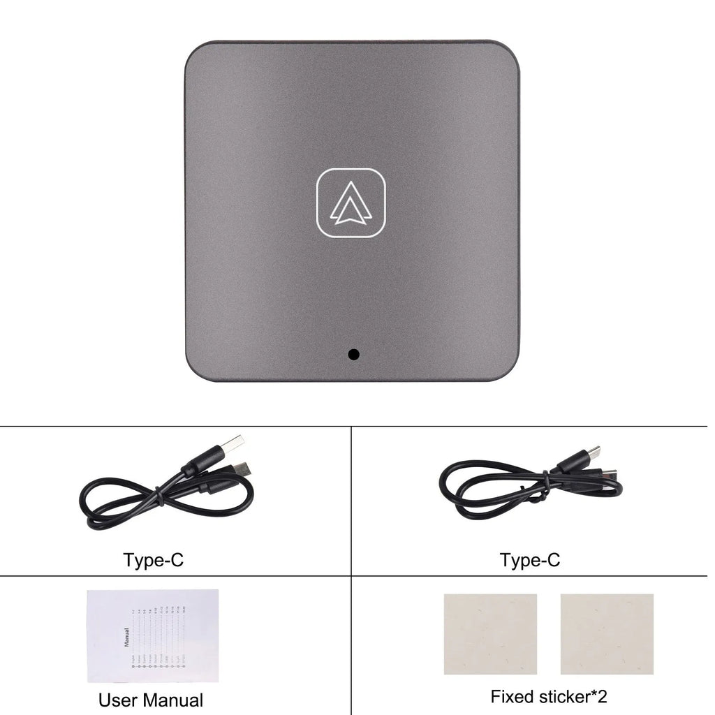 Black wireless CarPlay external module with cables for converting wired CarPlay to wireless functionality