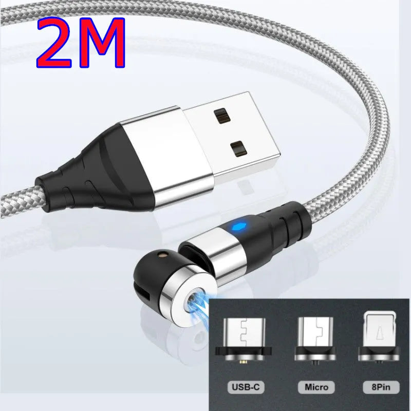 Black magnetic charging cable with LED diamond lamp, showing Android and Type-C magnetic connectors.