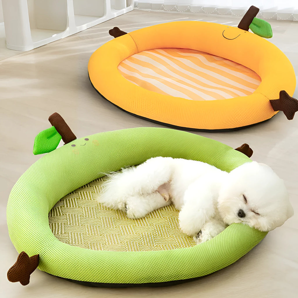 Green fruit backrest pet cooling mat for dogs and cats on a wooden floor