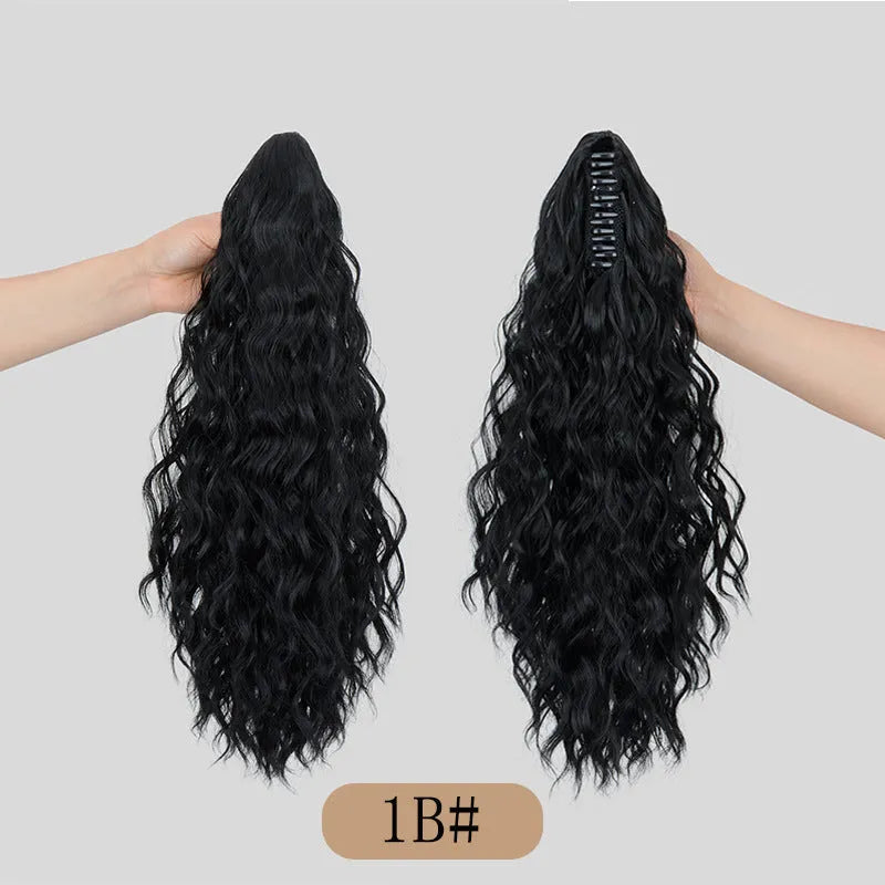 A corn curl ponytail wig with a water ripple grip texture, shown in a dark brown 1B colour, featuring a hair clip attachment.