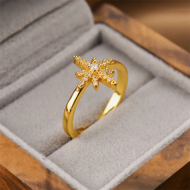 Gold tone geometric open back fashion ring on a hand, showing its adjustable design.