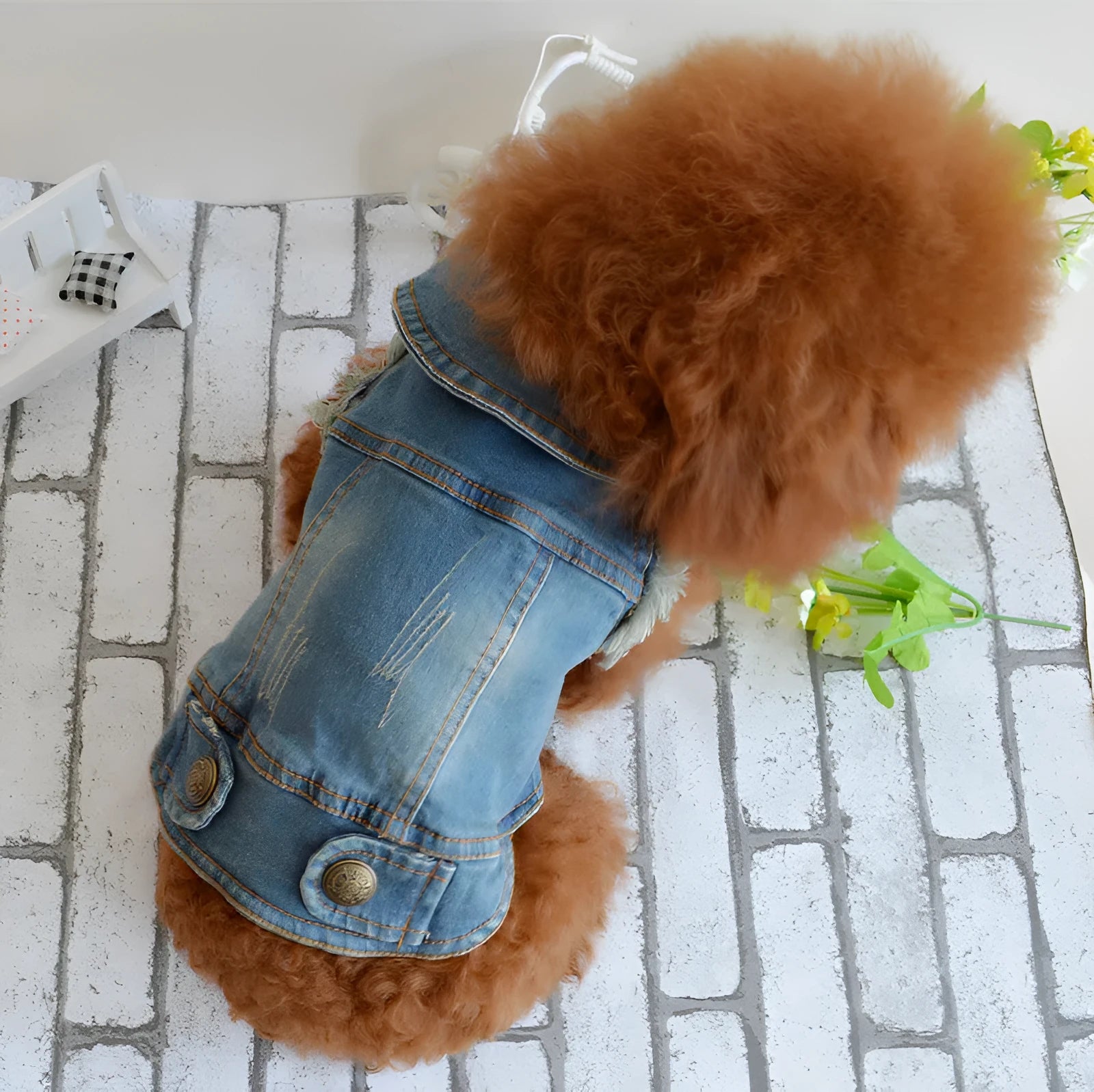 Denim pet dog vest with retro scratch pattern in dark and light colours for small breed autumn winter wear
