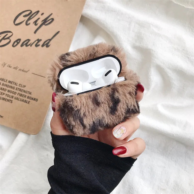 Plush headphone case with leopard print, flip-style design, for AirPods 1st/2nd gen and AirPods Pro 3rd gen