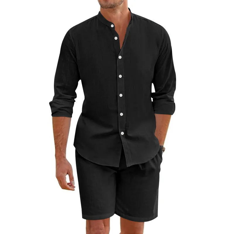 Men's dark grey linen blend short sleeve shirt and drawstring shorts set laid flat.