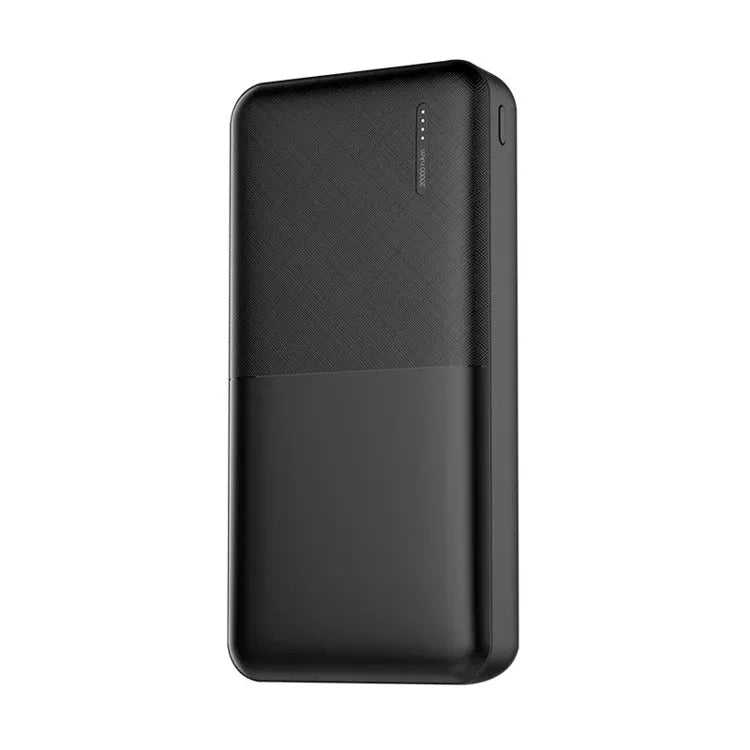 20000 mAh polymer lithium ion power bank with multi-USB ports, black plastic shell, 140x69x26mm