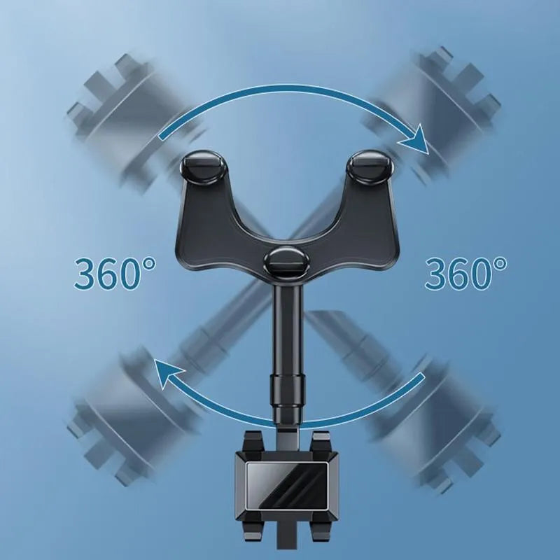 Black rearview mirror phone holder showing 360-degree rotation and telescopic arm extension