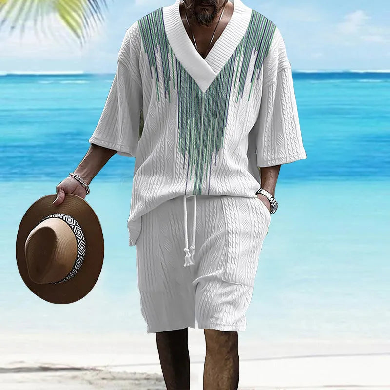 Men's printed drop-shoulder knitted short-sleeve top with matching shorts, a casual suit set.