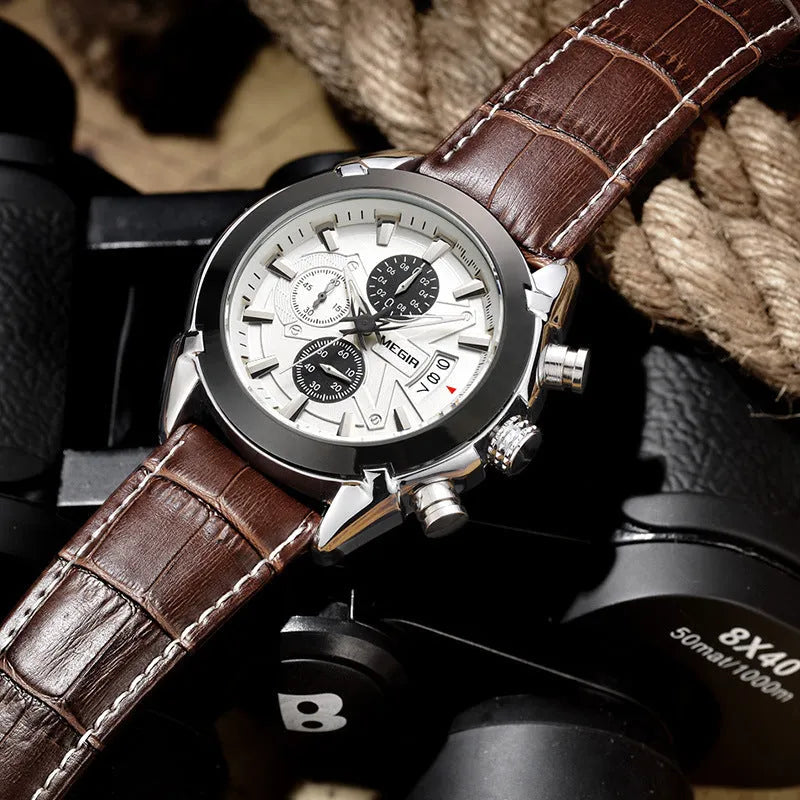 Men's multifunctional quartz watch with three subdials, waterproof construction, and luminous dials in black or brown colour options