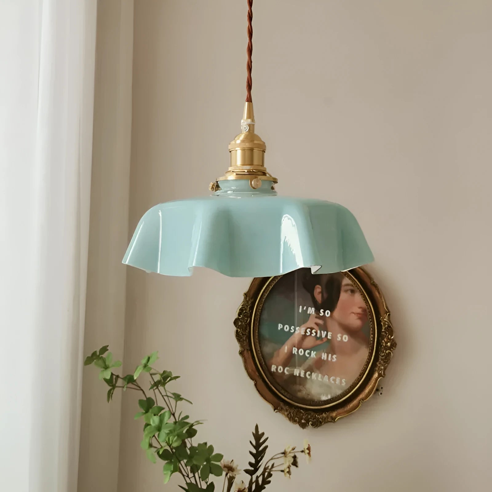 Medieval French brass flower bud cream glass chandelier with adjustable height