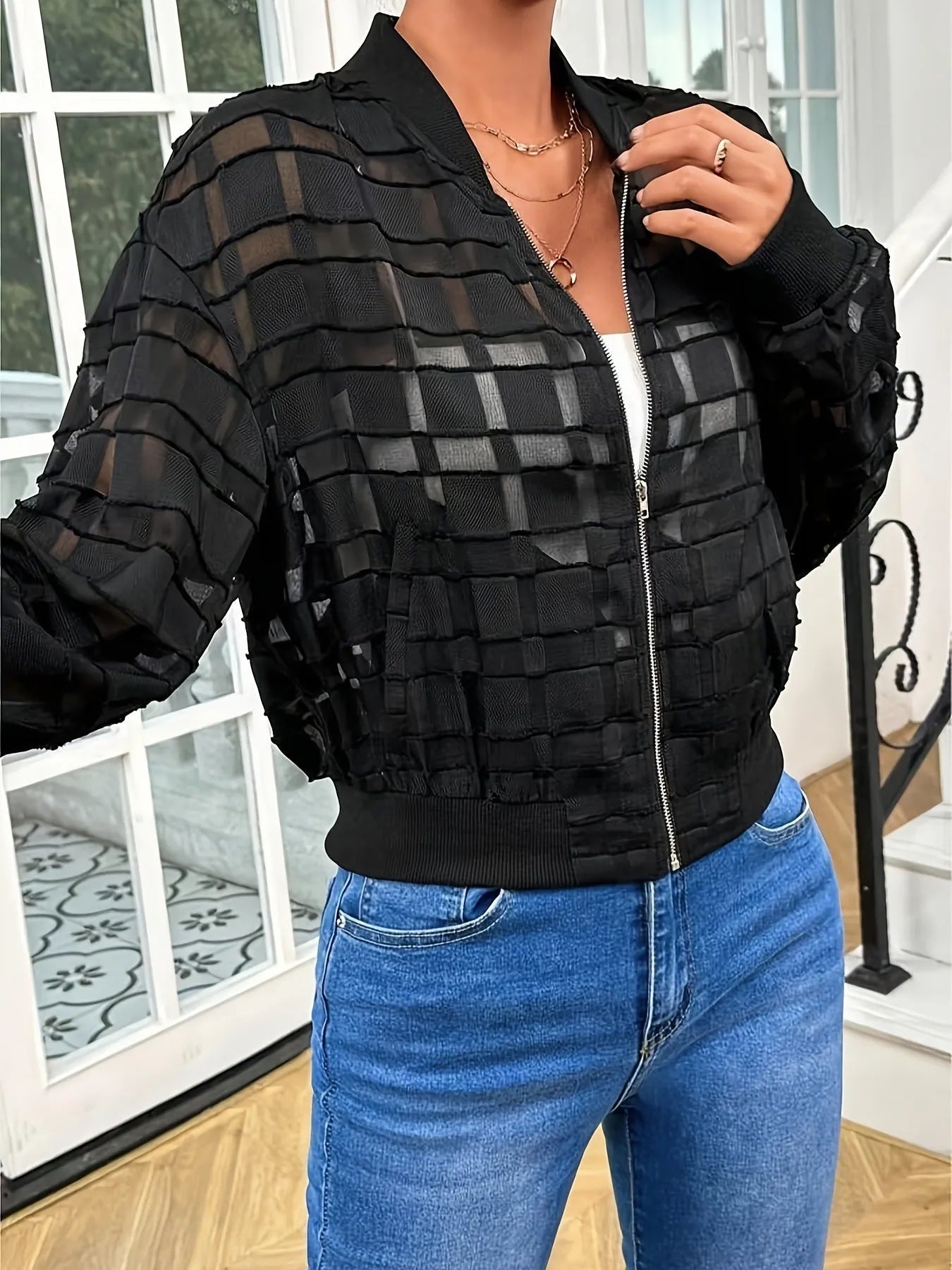 Women's black semi-transparent geometric pattern casual jacket with zipper front