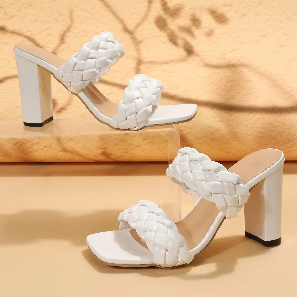 Women's apricot square toe flip-flops with woven twisted strap and chunky rubber sole