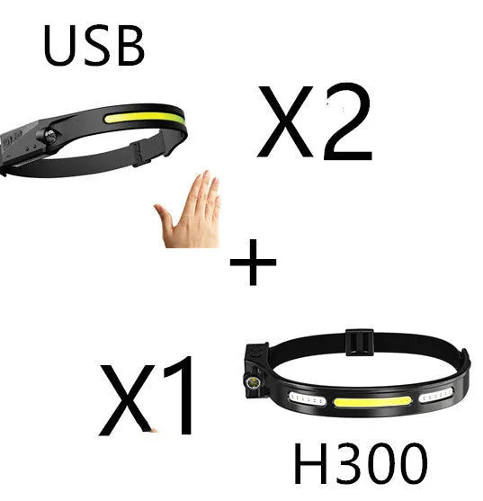 COB LED induction headlamp with wide beam and side LED for long-distance lighting, USB rechargeable, silicone build
