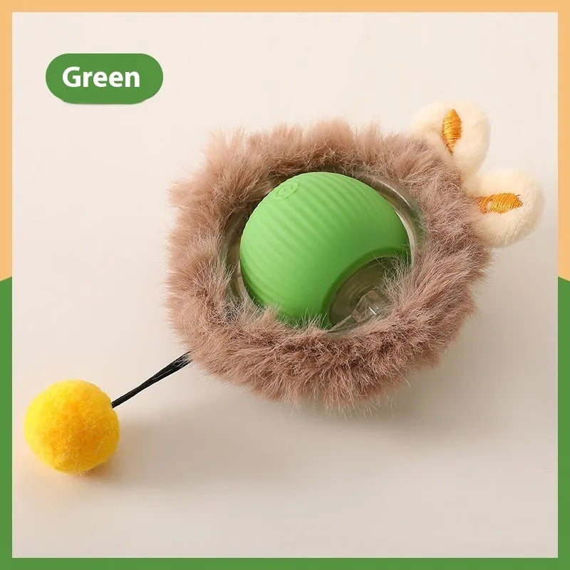 Silicone self-moving rolling ball cat toy in green, red, and grey colour options.