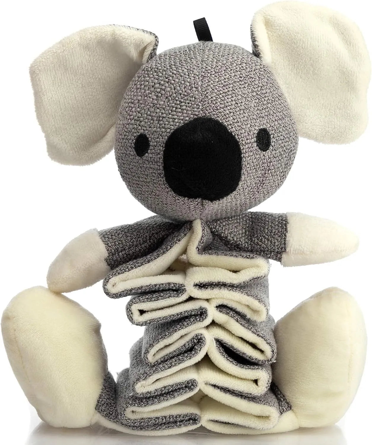 Grey koala plush dog toy measuring 30cm with visible stitching and plush limbs.