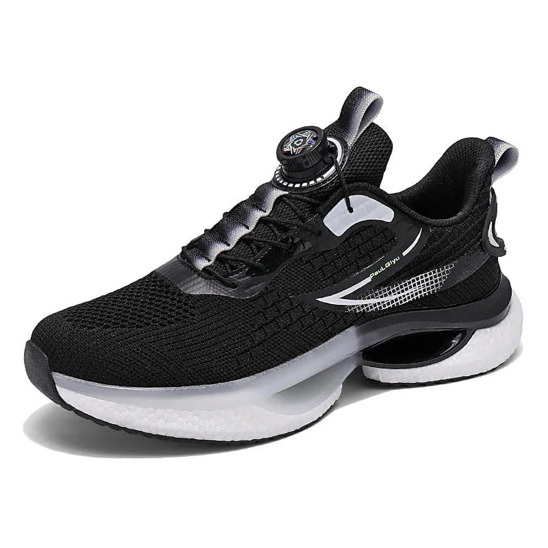 White rotating buckle running shoe with fly-kit mesh upper and low-top design on a solid background.