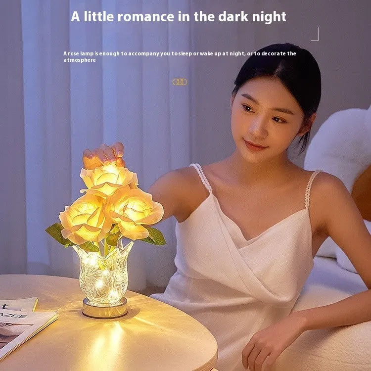 Modern crystal flower design bedside lamp with touch dimming control on a wooden table.
