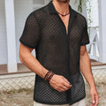 Men's light coloured mesh short sleeve shirt with lapel collar on hanger