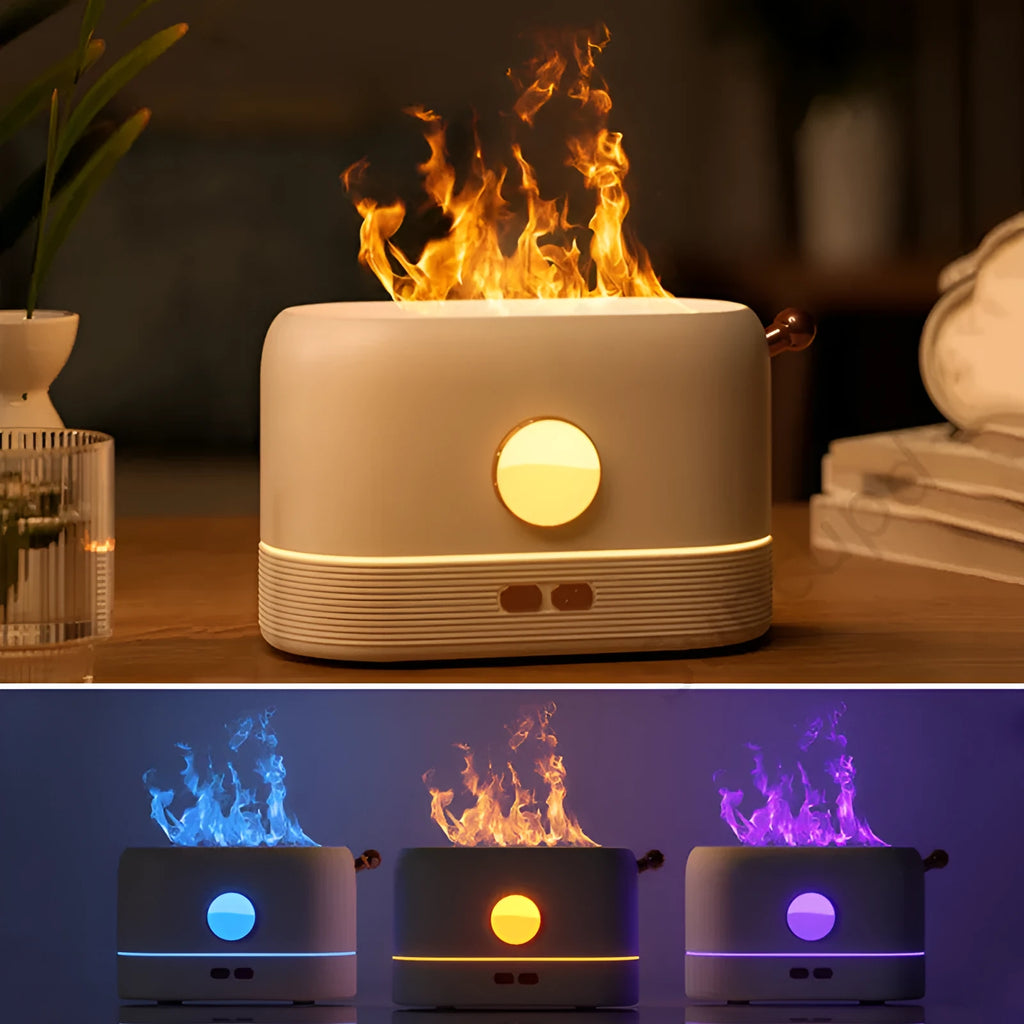 Black USB desktop humidifier with decorative orange flame effect and water tank on a wooden desk.