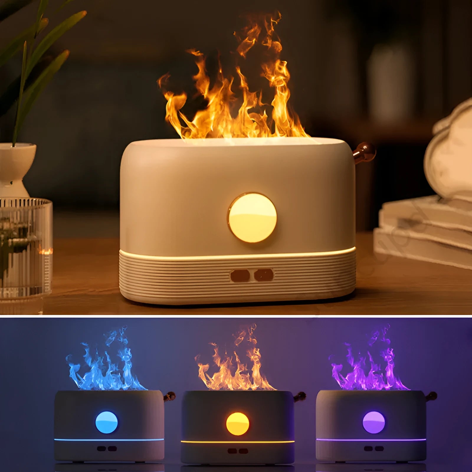 Black USB desktop humidifier with decorative orange flame effect and water tank on a wooden desk.