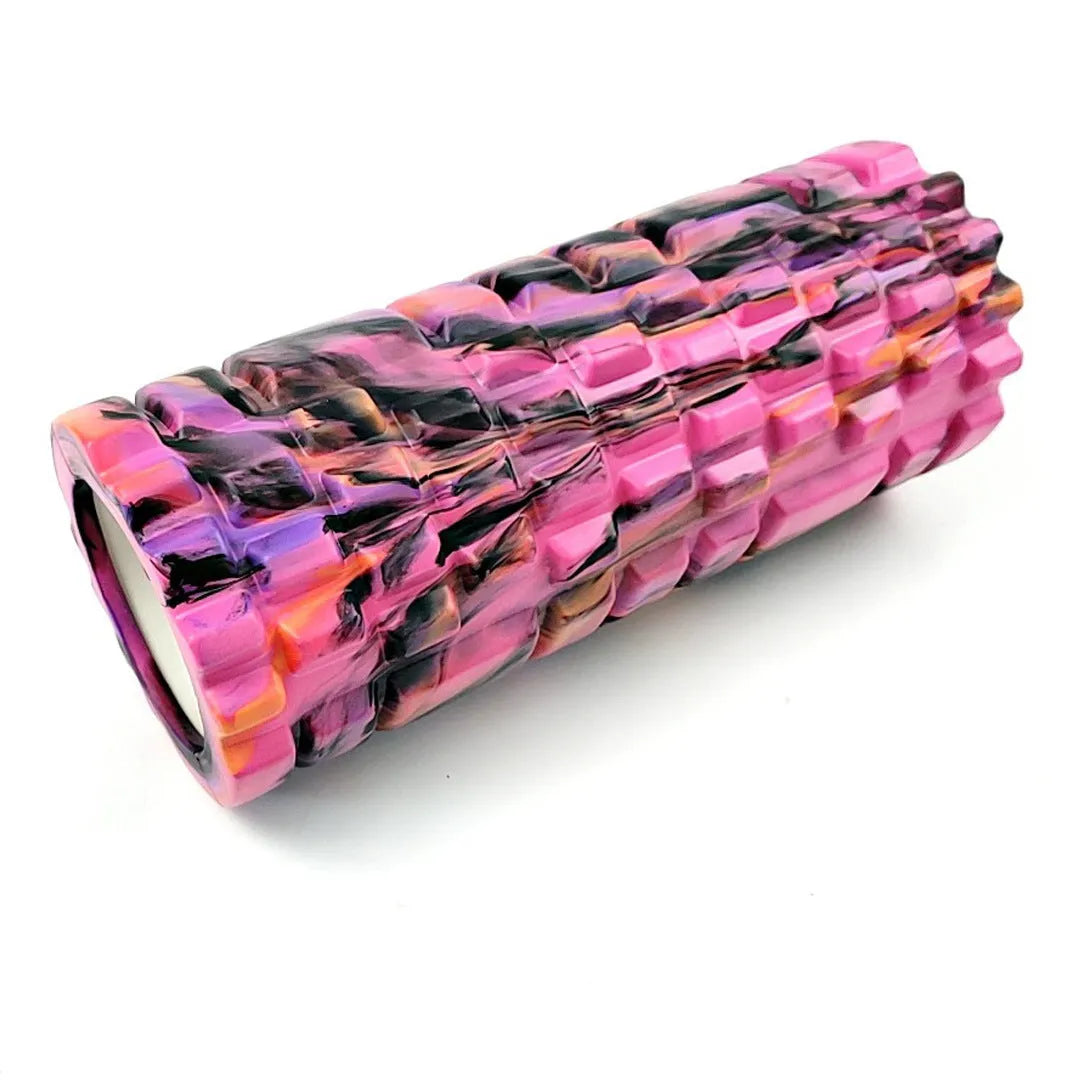 33cm camouflage pattern EVA foam roller in blue green yellow colour shown on gym floor